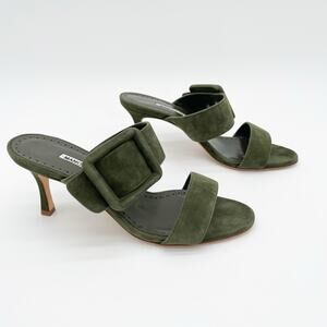Manolo Blahnik Gable Green Suede Buckle Open Toe Stiletto Sandals Mules IT 37.5